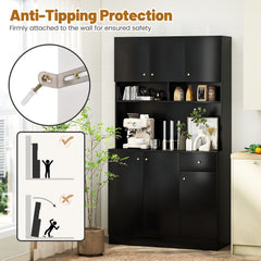 180cm Tall Pantry Cabinet with Outlets and Anti-Tipping Kits-Black