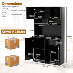 180cm Tall Pantry Cabinet with Outlets and Anti-Tipping Kits-Black