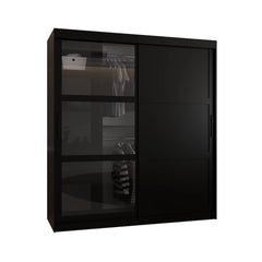 The black sliding door wardrobe with mirrored panels and internal shelving