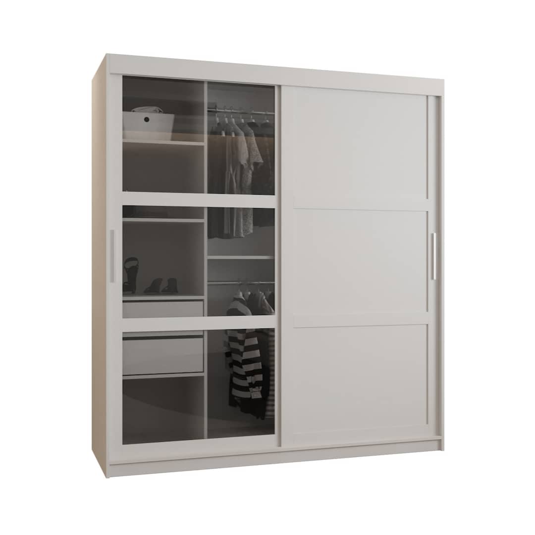 A white sliding door wardrobe with mirrored panels and internal shelving