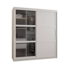 A white sliding door wardrobe with mirrored panels and internal shelving