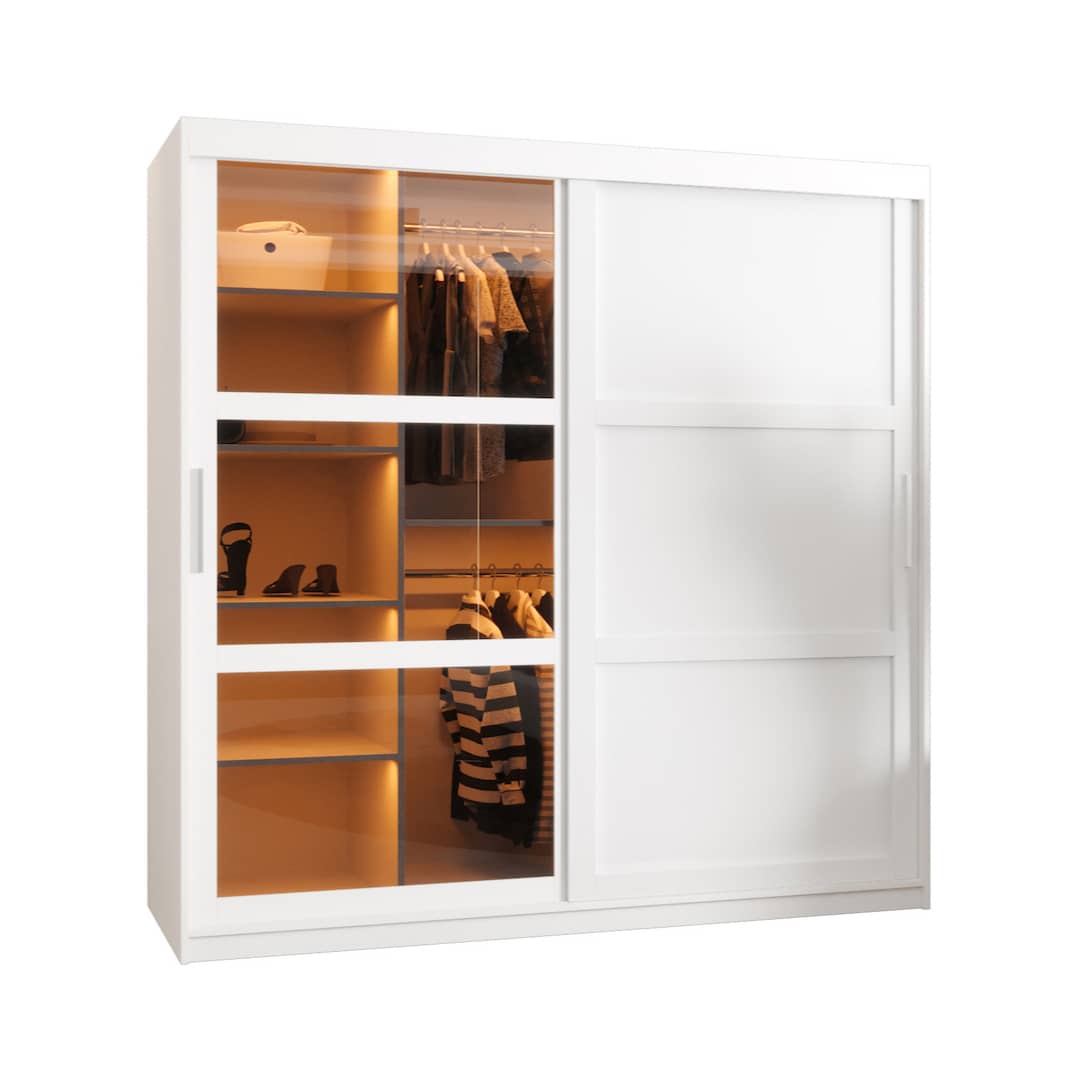 The white sliding door wardrobe with internal shelving and clothes