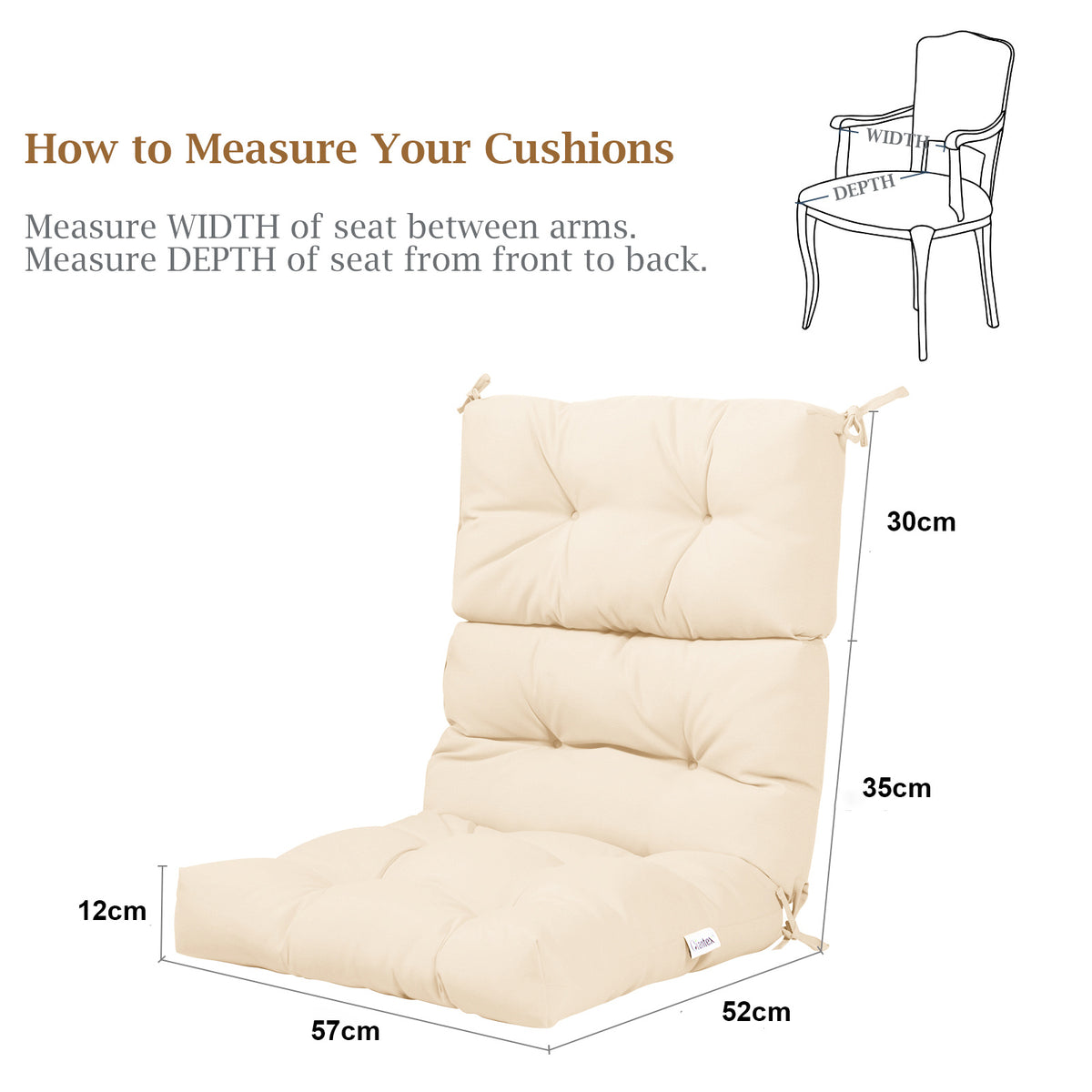 Patio Chair Seat Pads with Non-slip Rope Belts and Sun Protection for Indoor Outdoor Use-Beige