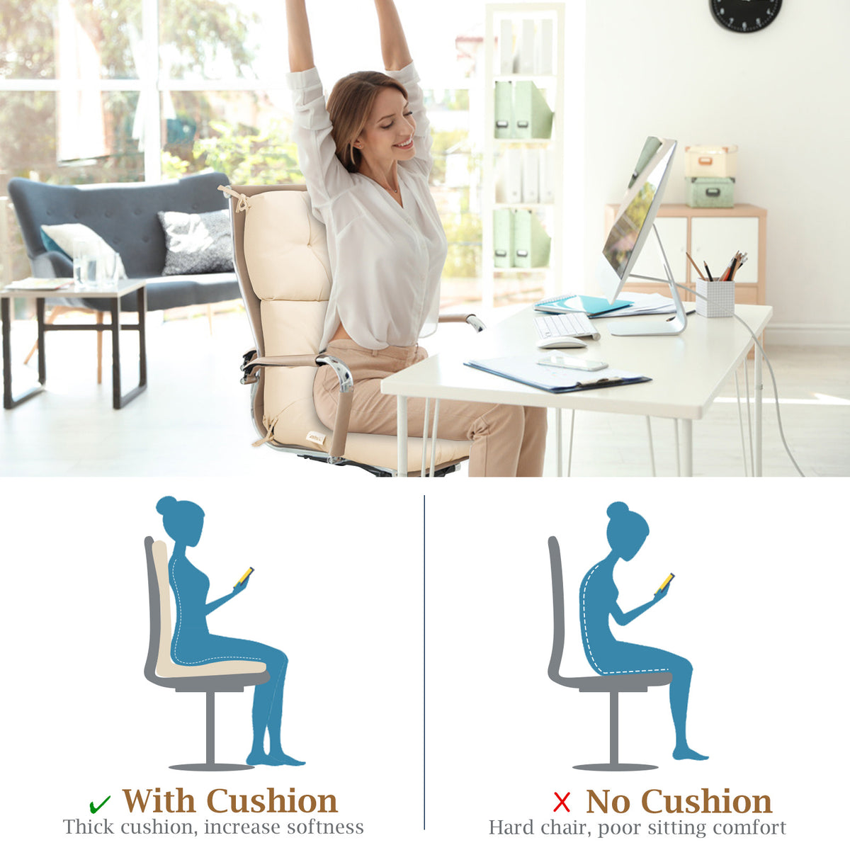 Patio Chair Seat Pads with Non-slip Rope Belts and Sun Protection for Indoor Outdoor Use-Beige