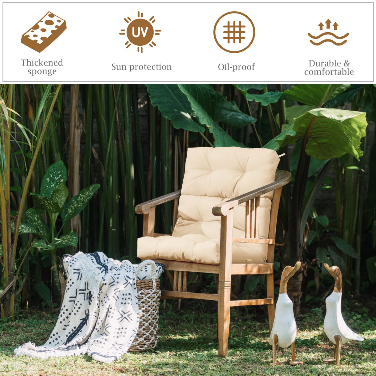 Patio Chair Seat Pads with Non-slip Rope Belts and Sun Protection for Indoor Outdoor Use-Beige