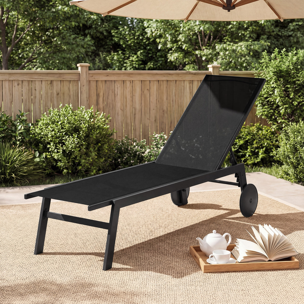 Patio Chaise Lounge Chair with Wheels Outdoor Recliner with 6-Level Adjustable Backrest-Black