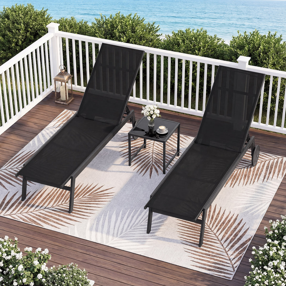 Patio Chaise Lounge Chair with Wheels Outdoor Recliner with 6-Level Adjustable Backrest-Black