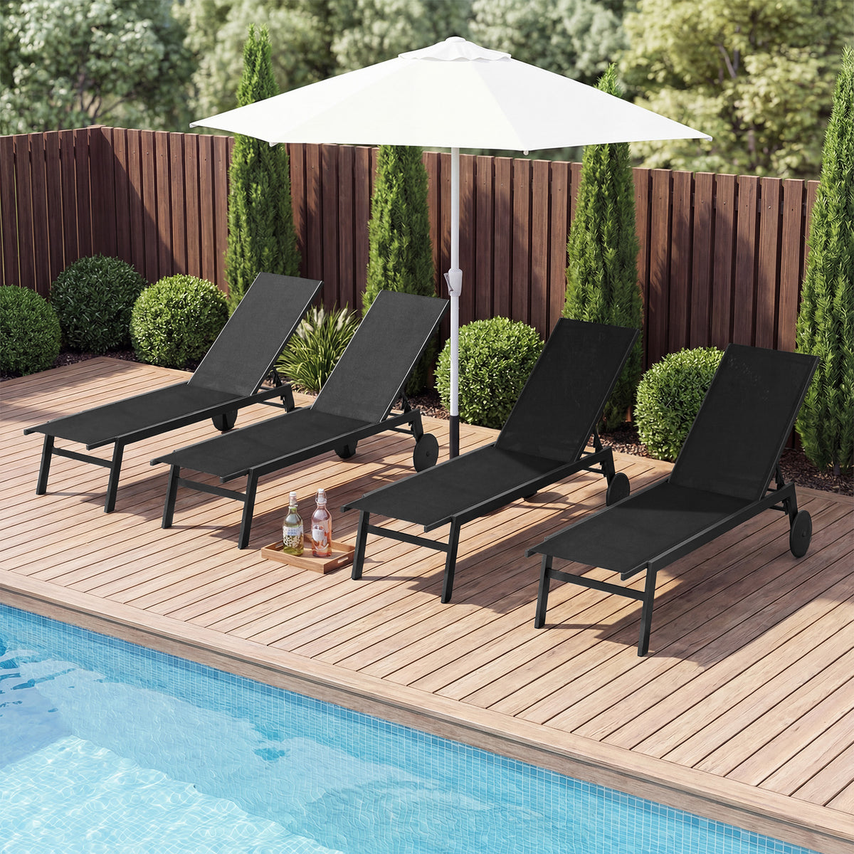 Patio Chaise Lounge Chair with Wheels Outdoor Recliner with 6-Level Adjustable Backrest-Black