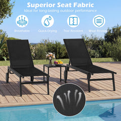 Patio Chaise Lounge Chair with Wheels Outdoor Recliner with 6-Level Adjustable Backrest-Black