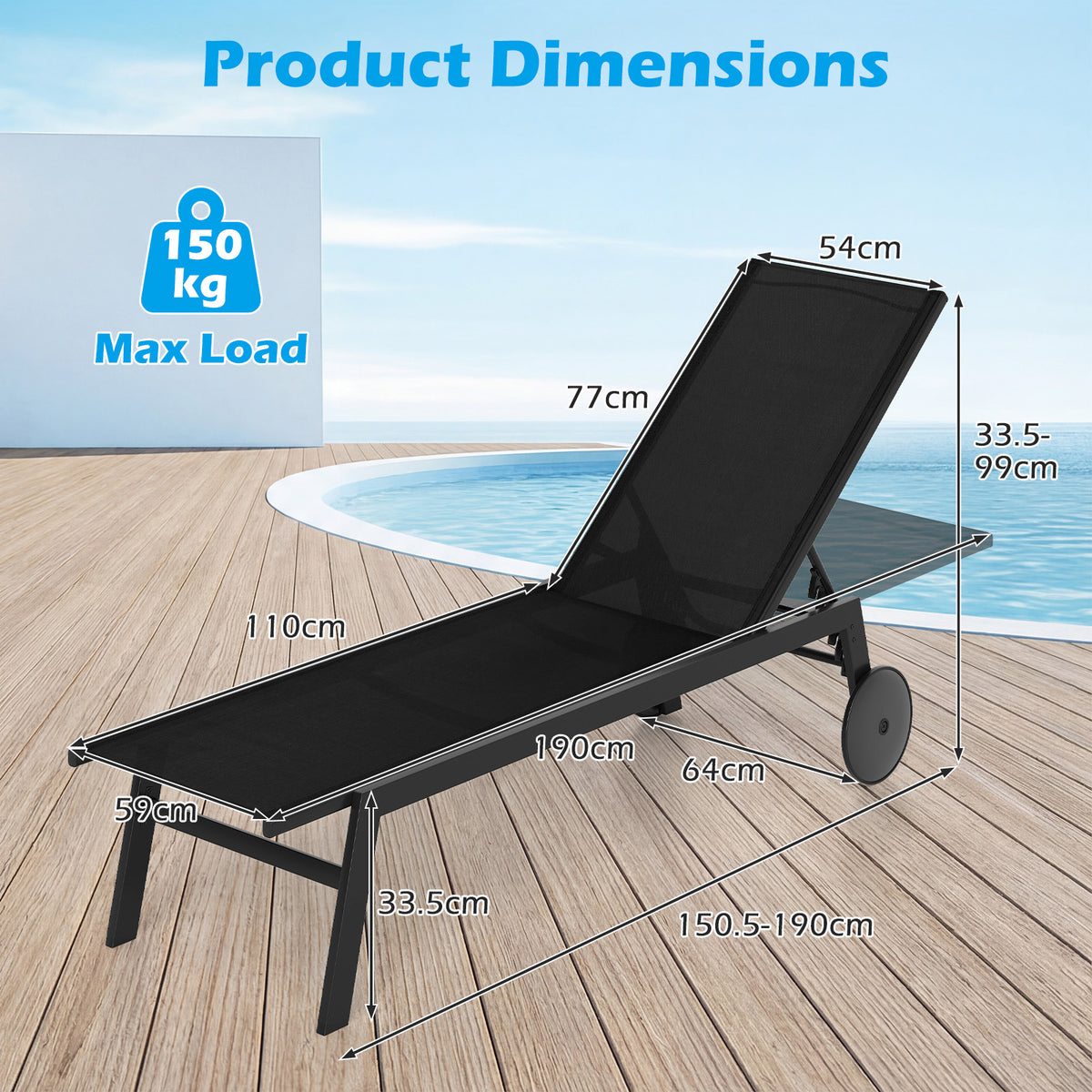 Patio Chaise Lounge Chair with Wheels Outdoor Recliner with 6-Level Adjustable Backrest-Black