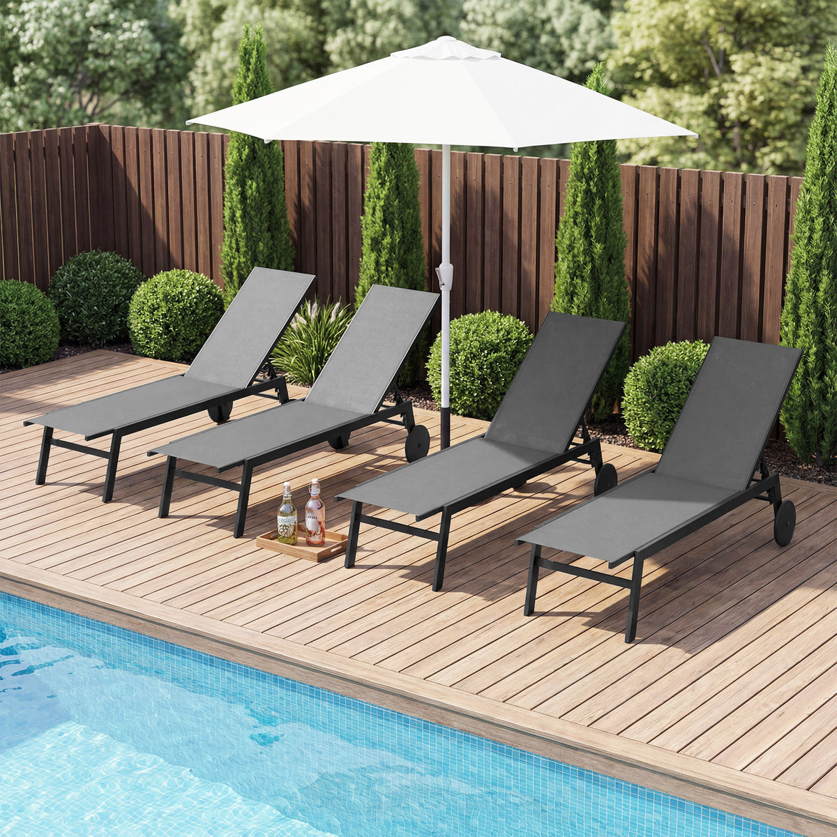 Patio Chaise Lounge Chair with Wheels Outdoor Recliner with 6-Level Adjustable Backrest-Gray