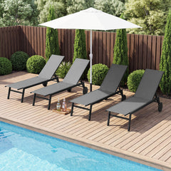 Patio Chaise Lounge Chair with Wheels Outdoor Recliner with 6-Level Adjustable Backrest-Gray