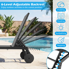 Patio Chaise Lounge Chair with Wheels Outdoor Recliner with 6-Level Adjustable Backrest-Gray