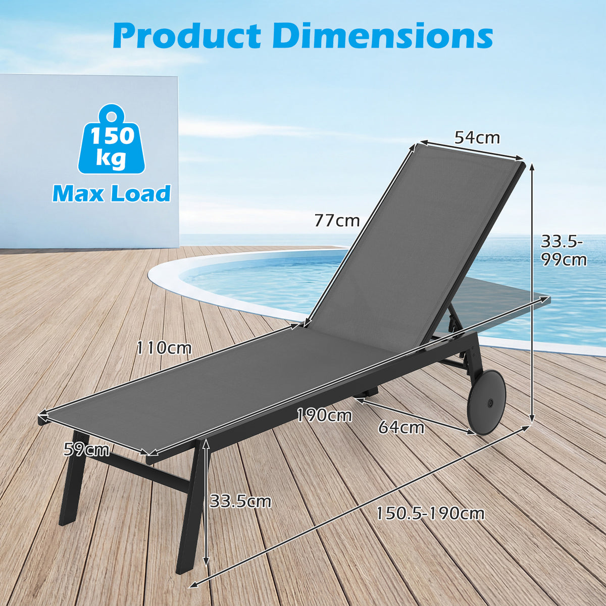 Patio Chaise Lounge Chair with Wheels Outdoor Recliner with 6-Level Adjustable Backrest-Gray