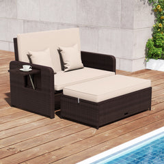 Patio Rattan Daybed Set with Ottoman and Adjustable Backrest-Beige