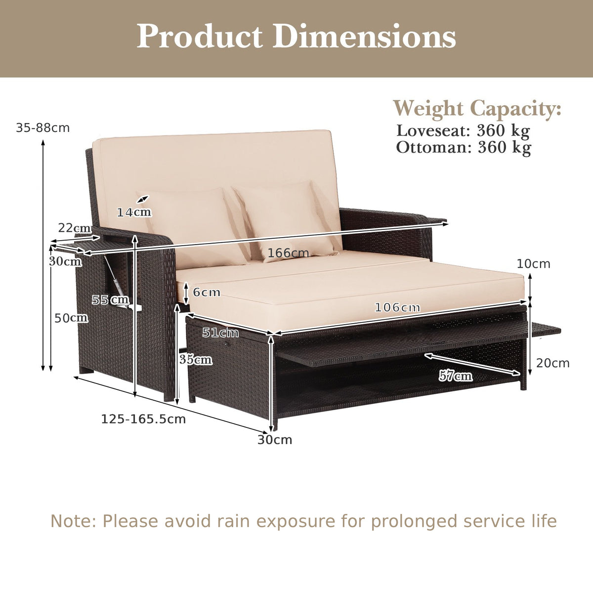 Patio Rattan Daybed Set with Ottoman and Adjustable Backrest-Beige