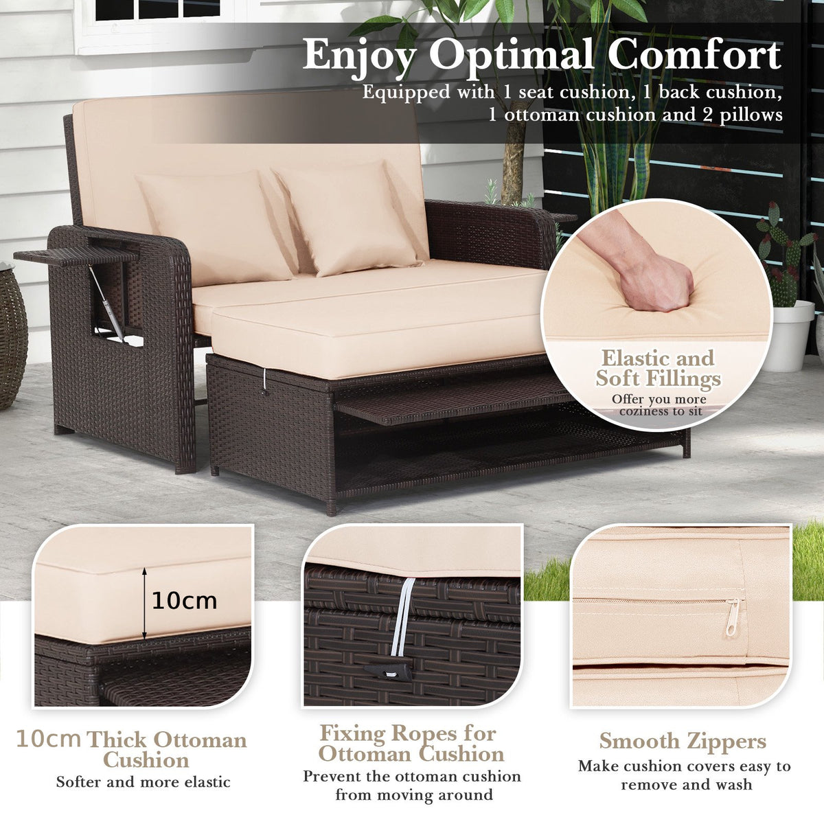 Patio Rattan Daybed Set with Ottoman and Adjustable Backrest-Beige