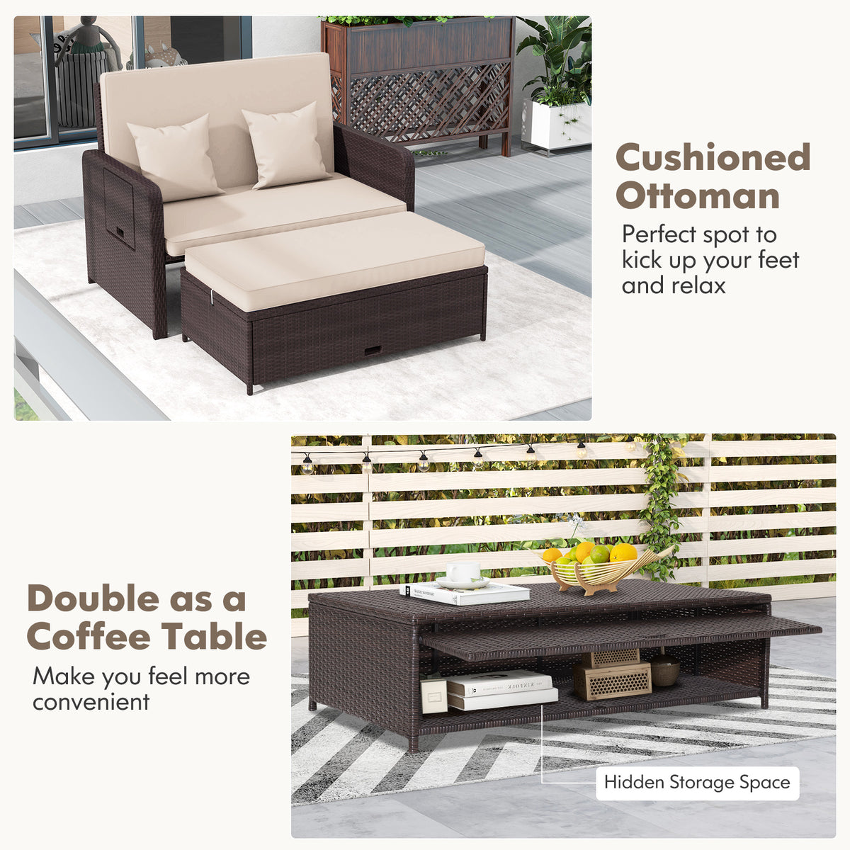 Patio Rattan Daybed Set with Ottoman and Adjustable Backrest-Beige