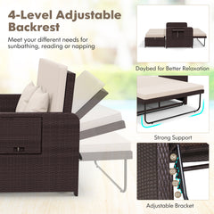 Patio Rattan Daybed Set with Ottoman and Adjustable Backrest-Beige