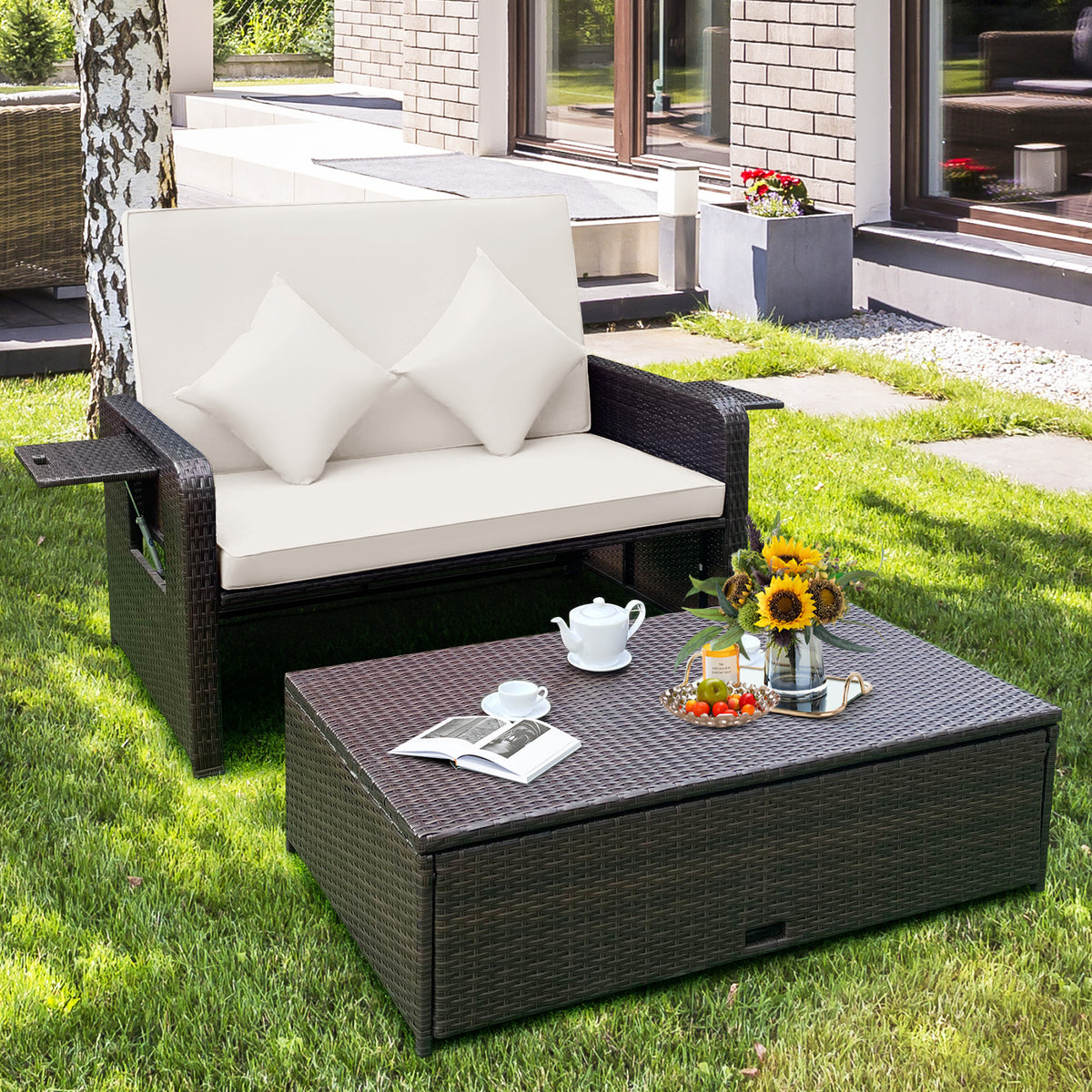 Patio Rattan Daybed Set with Ottoman and Adjustable Backrest-White