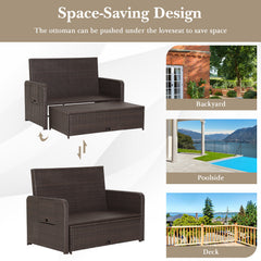 Patio Rattan Daybed Set with Ottoman and Adjustable Backrest-White