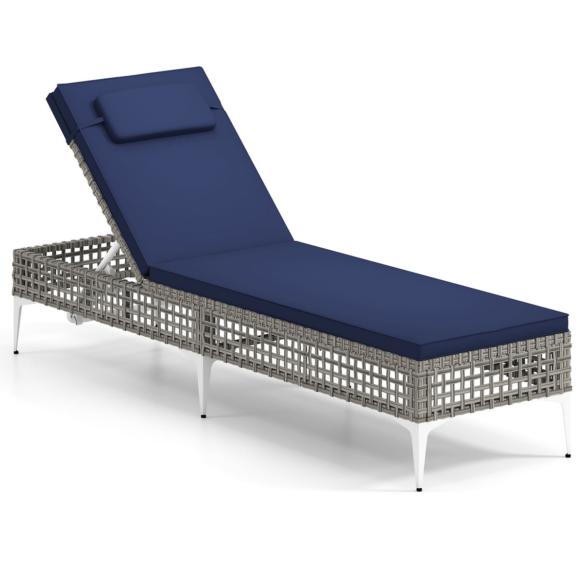 Patio Chaise Lounge PE Wicker Reclining Sun Lounger with navy cushions and grey wicker effect frame