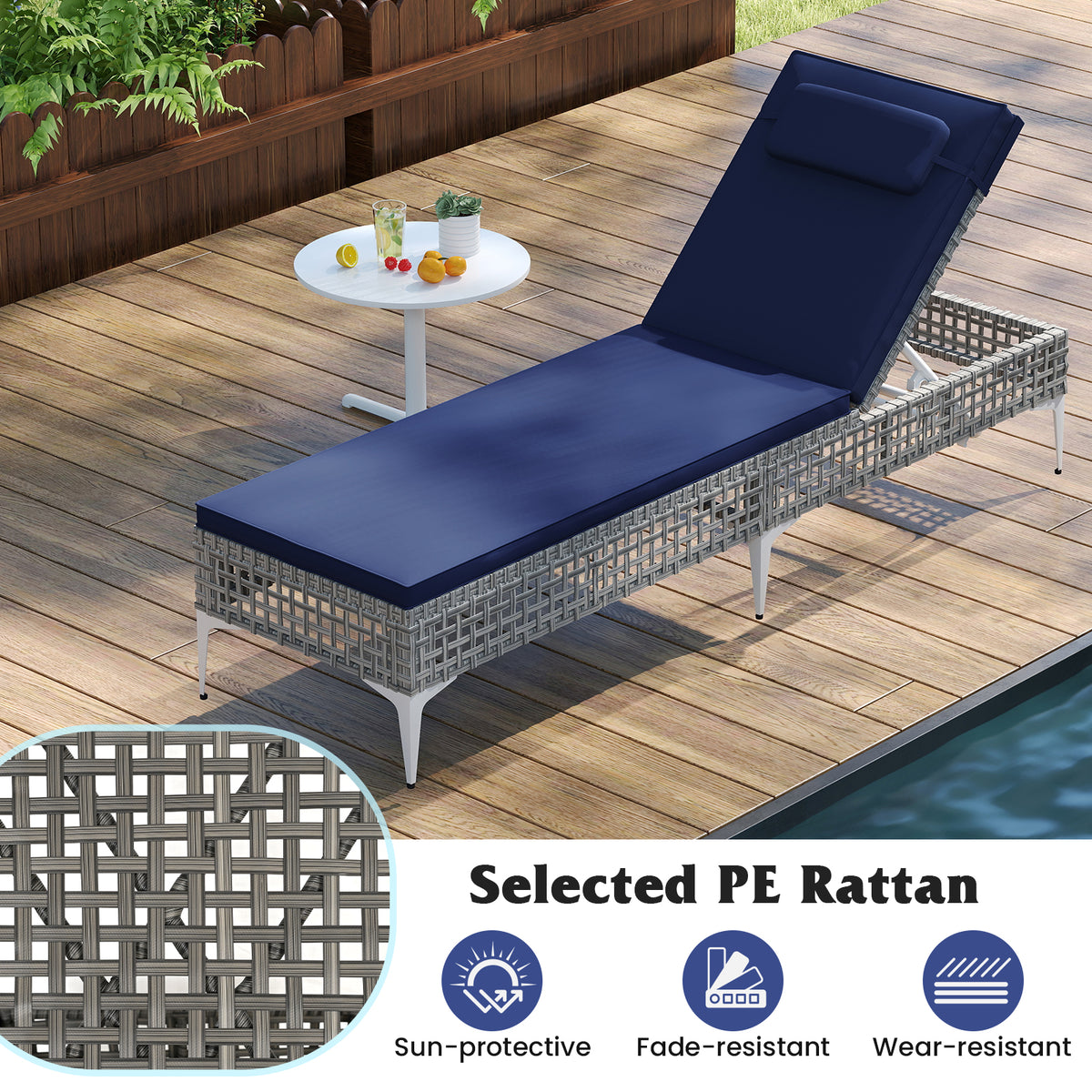 Patio Chaise Lounge PE Wicker Reclining Sun Lounger with 6-Level Adjustable Backrest-Navy-1 Piece