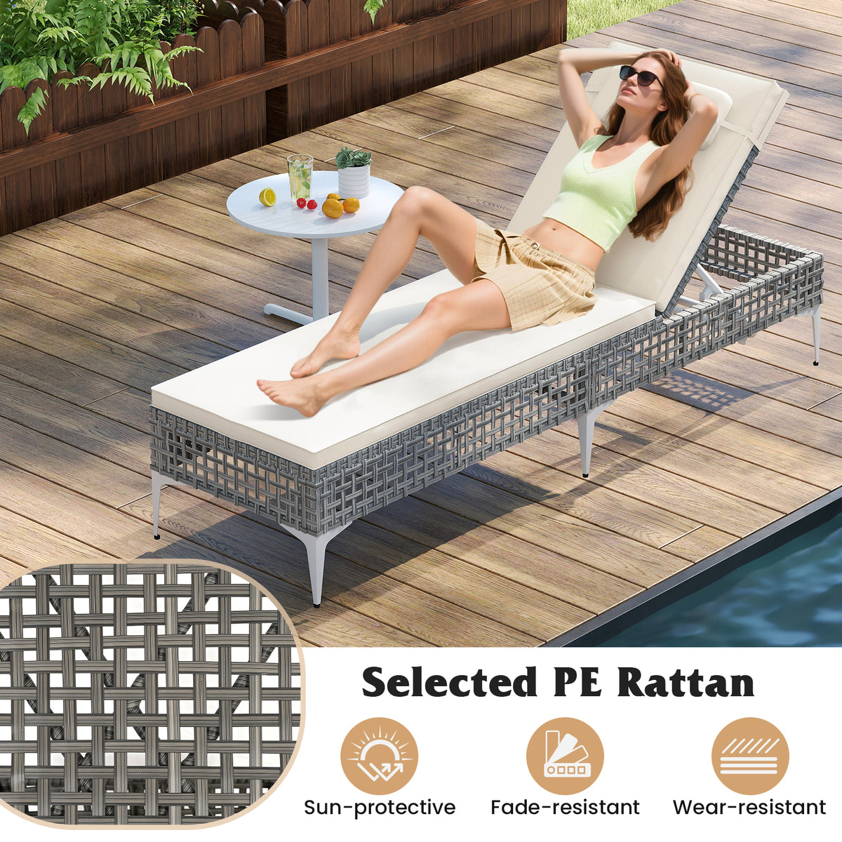 Patio Chaise Lounge PE Wicker Reclining Sun Lounger with 6-Level Adjustable Backrest-White-1 Piece