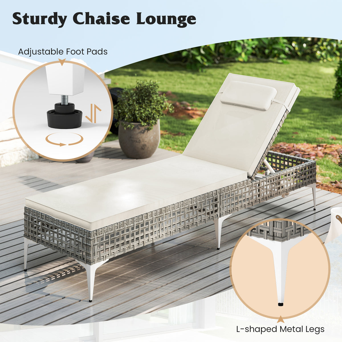Patio Chaise Lounge PE Wicker Reclining Sun Lounger with 6-Level Adjustable Backrest-White-1 Piece
