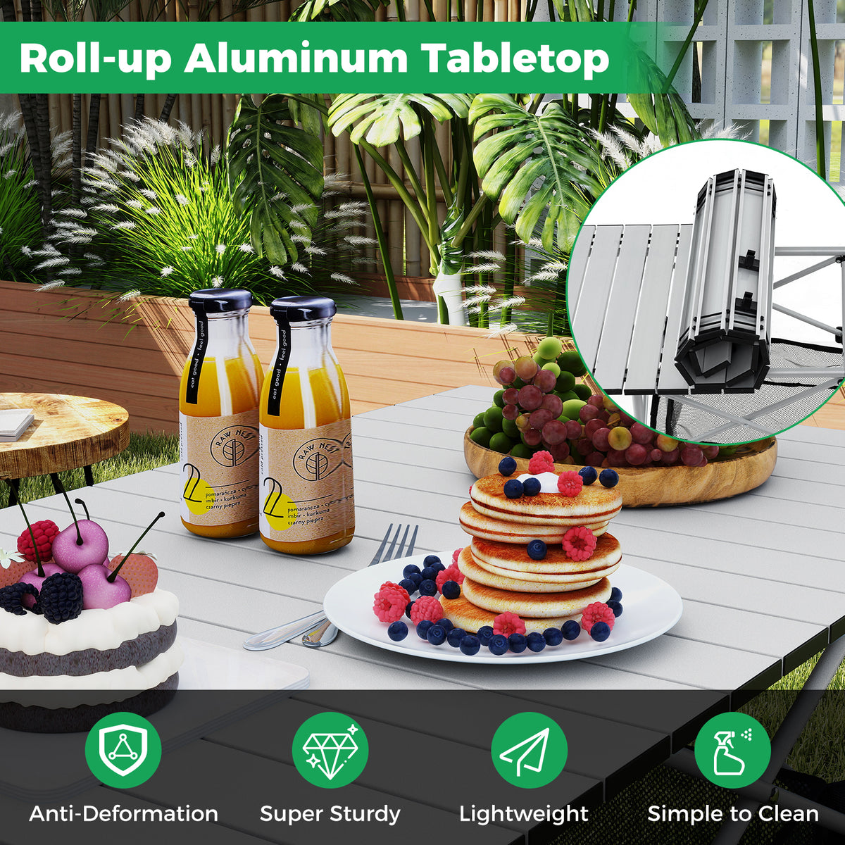 Patio Folding Camping Table Picnic Table with Aluminum Roll-up Tabletop-Silver