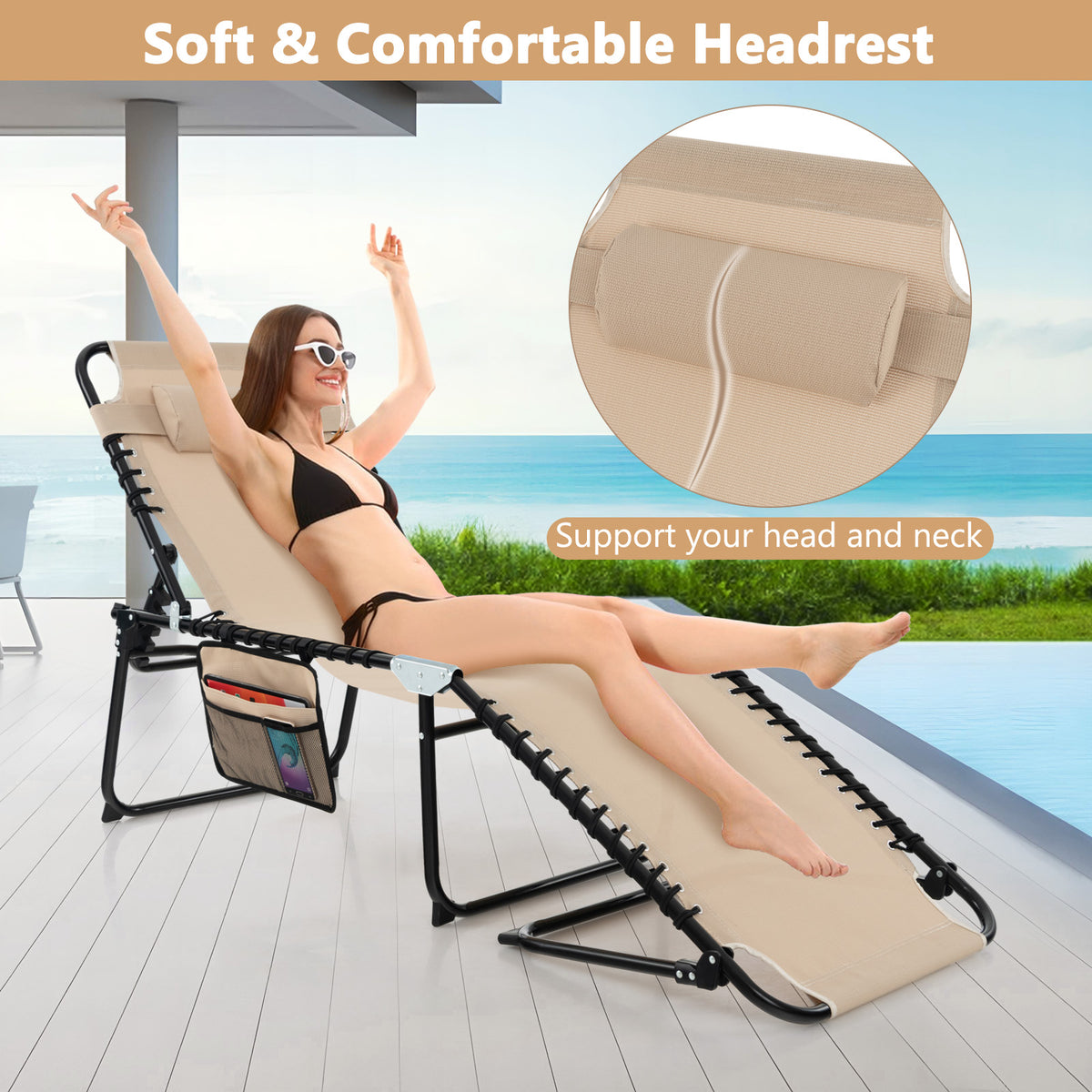 Patio Folding Chaise Lounge Chair Portable Sun Lounger with Adjustable Backrest-Beige