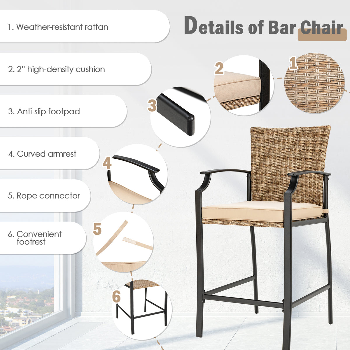 Patio Rattan Bar Stools Set of 4 with Soft Cushions High Backrest
