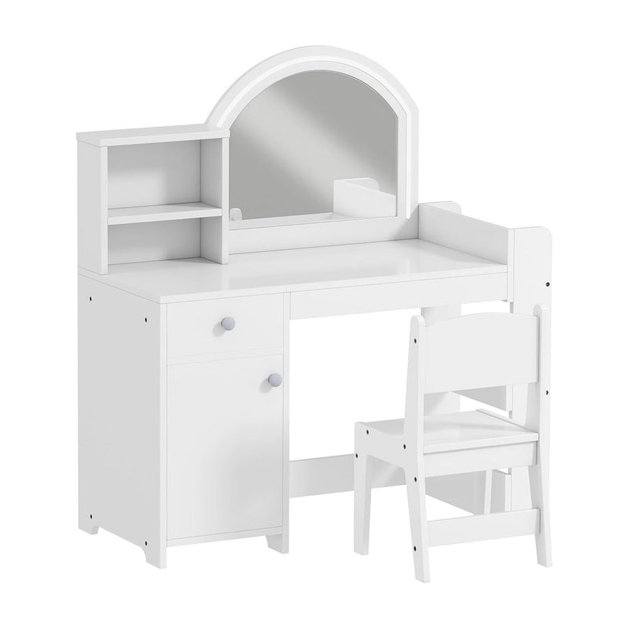 AIYAPLAY Kids Vanity Table and Chair Set, Girls Dressing Table with 2-Colour LED Mirror, Stool, Cabinet, Drawer, Shelves