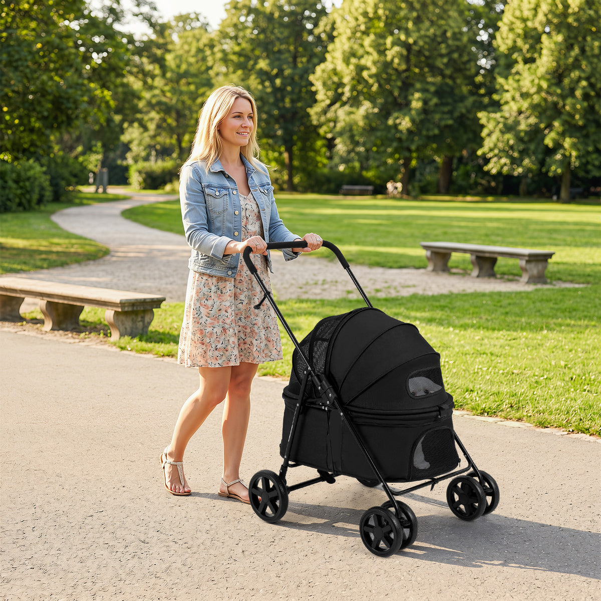 Pet Stroller for Small Medium Dogs with 360° Swivel Front Wheels and One-Step Rear Brake-Black