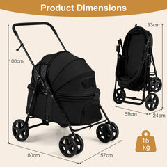 Pet Stroller for Small Medium Dogs with 360° Swivel Front Wheels and One-Step Rear Brake-Black