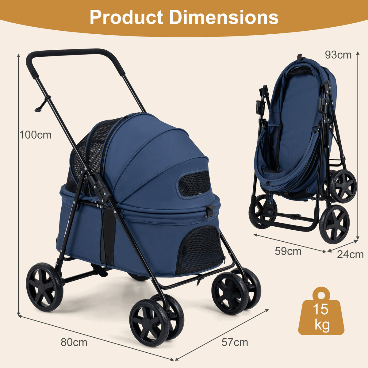 Pet Stroller for Small Medium Dogs with 360° Swivel Front Wheels and One-Step Rear Brake-Navy