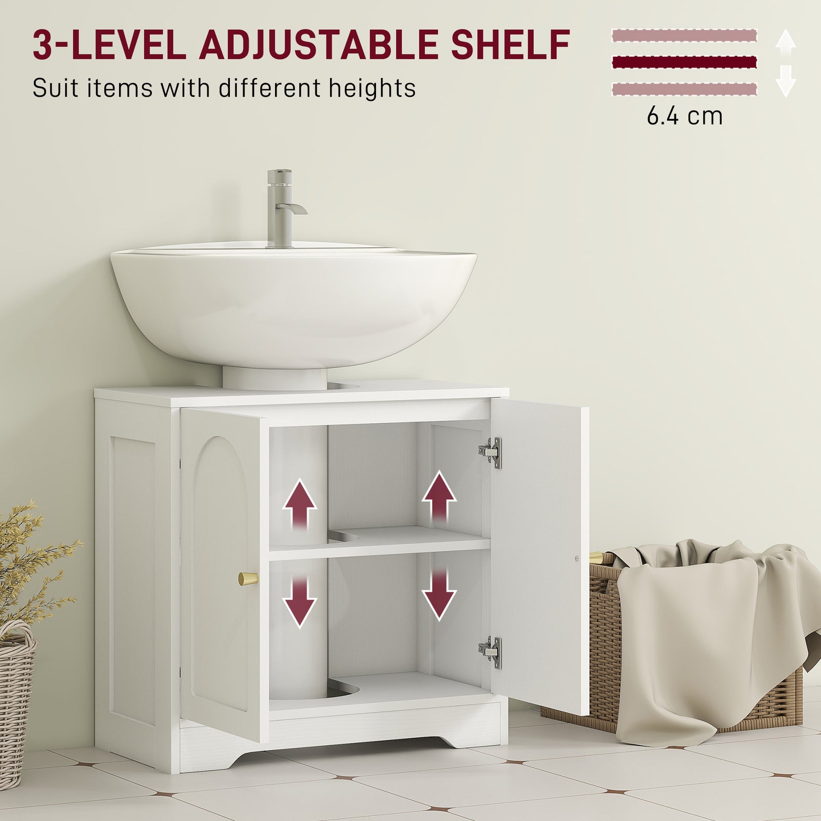 HOMCOM Under Sink Bathroom Cabinet with 2 Arch Doors - White