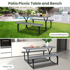 Picnic Table Bench Set with Metal Base Wood for Outdoor-Grey
