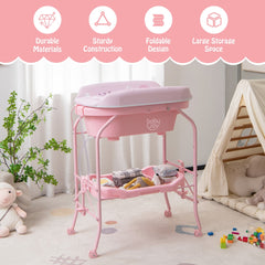 Pink baby changing table with storage shelf and bathtub, featuring durable materials