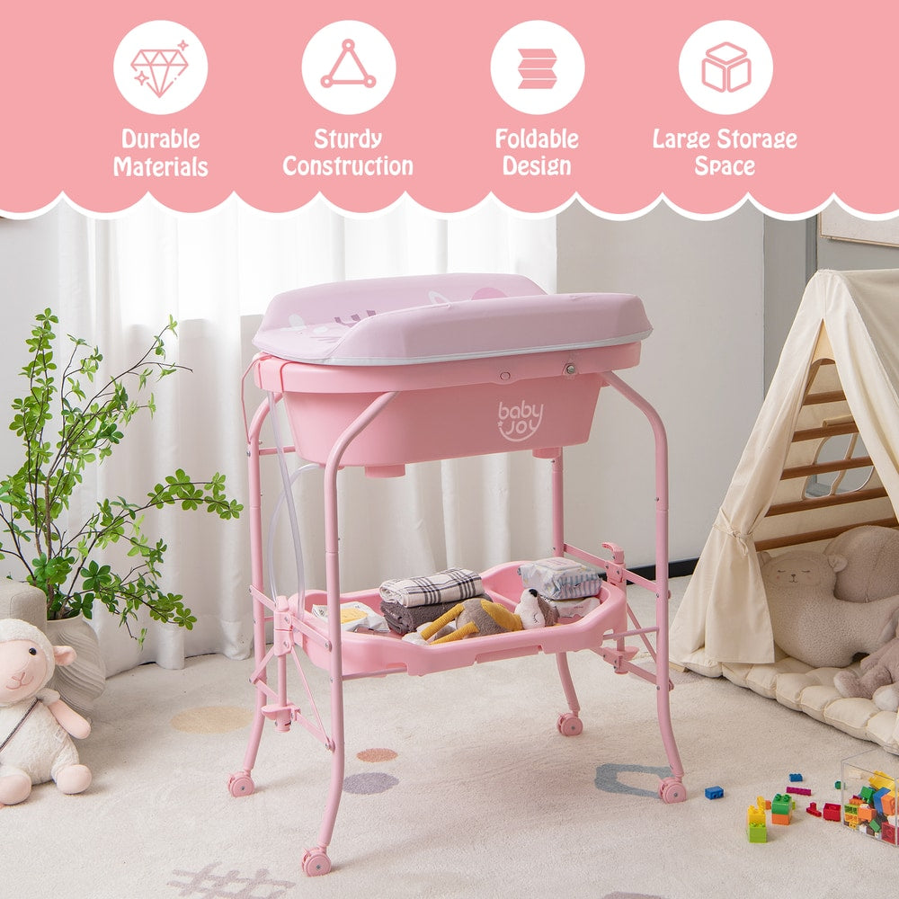 Pink baby changing table with storage shelf and bathtub, featuring durable materials