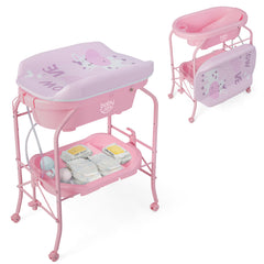 Pink baby changing table with bathtub and storage shelf, shown with nappies
