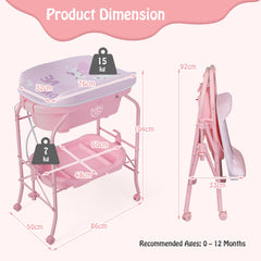 Product dimension diagram for the pink baby changing table and bathtub