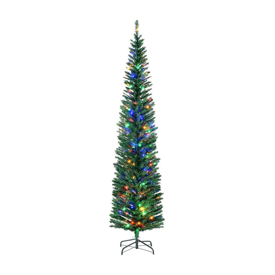HOMCOM 7.5' Artificial Prelit Christmas Trees Holiday Décor with Colourful LED Lights, Pencil Shape, Steel Base