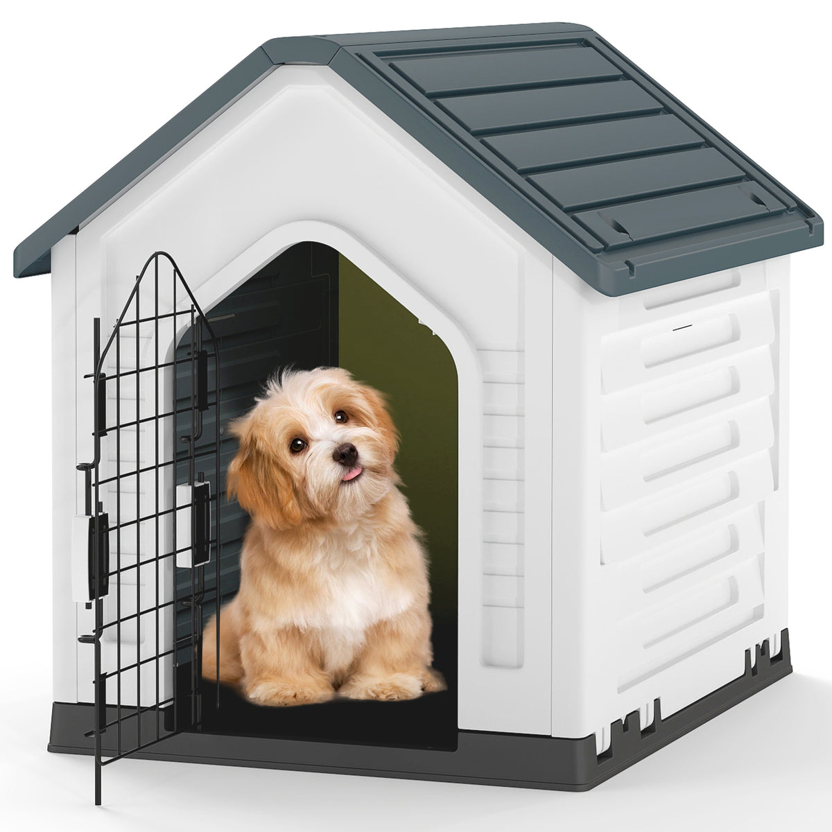 Plastic Dog House with Metal Lockable Door and Air Vents-Grey