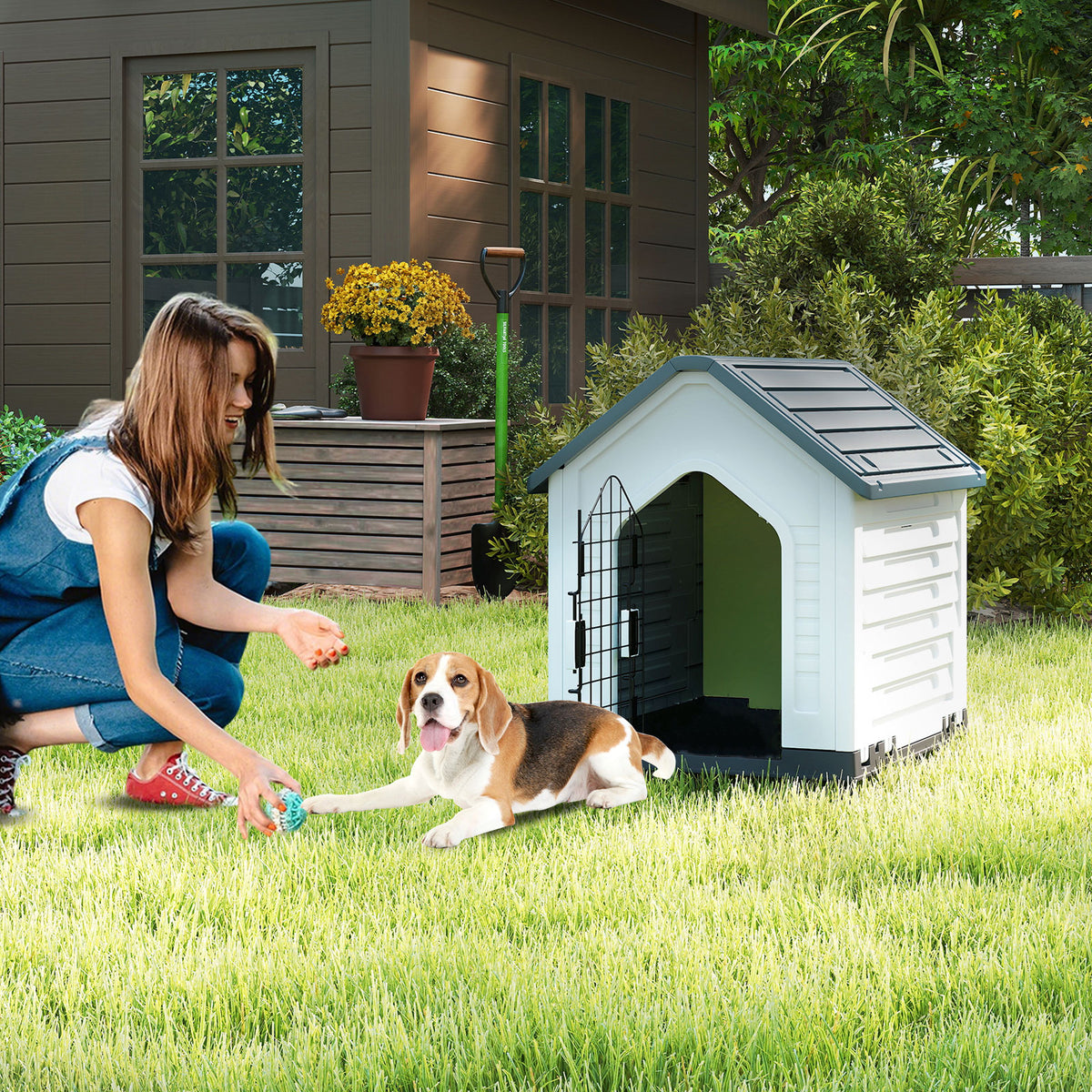 Plastic Dog House with Metal Lockable Door and Air Vents-Grey