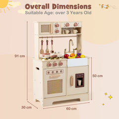 The wooden kitchen set with labels showing the height width and depth measurements