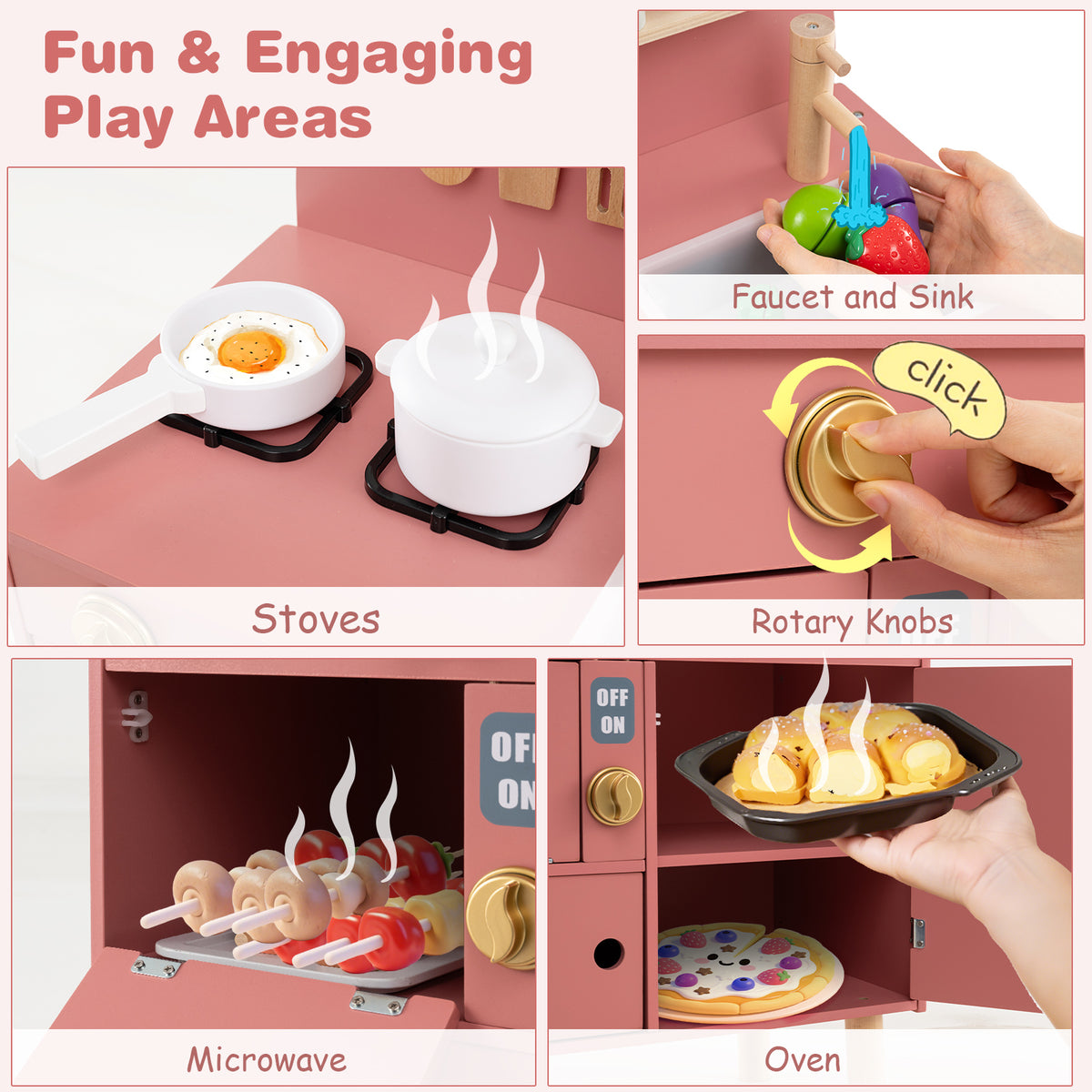 Play Kitchen for Kids Wooden Kitchen Playset with Stoves Faucet-Pink