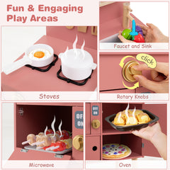 Play Kitchen for Kids Wooden Kitchen Playset with Stoves Faucet-Pink