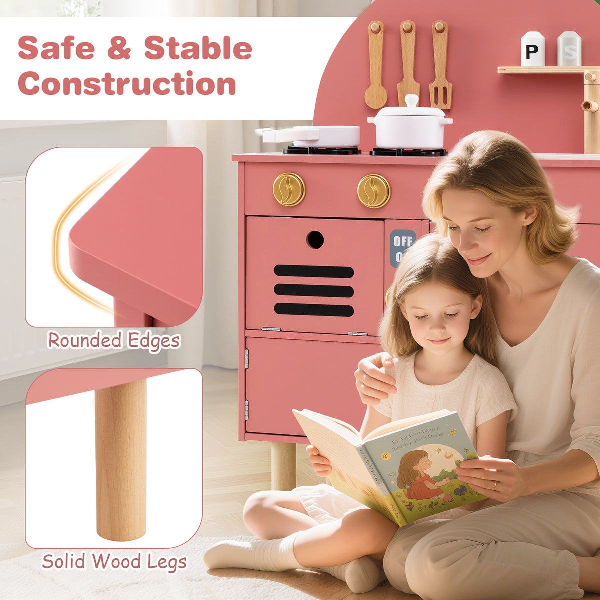 Play Kitchen for Kids Wooden Kitchen Playset with Stoves Faucet-Pink