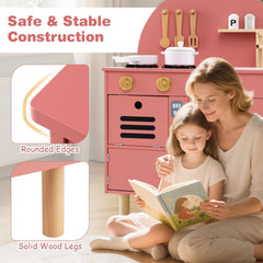 Play Kitchen for Kids Wooden Kitchen Playset with Stoves Faucet-Pink